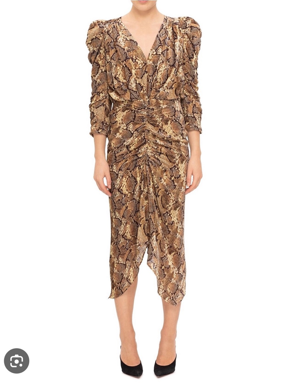 Isabel Marant Brown print Ruched V-Neck Nemil Midi Dress